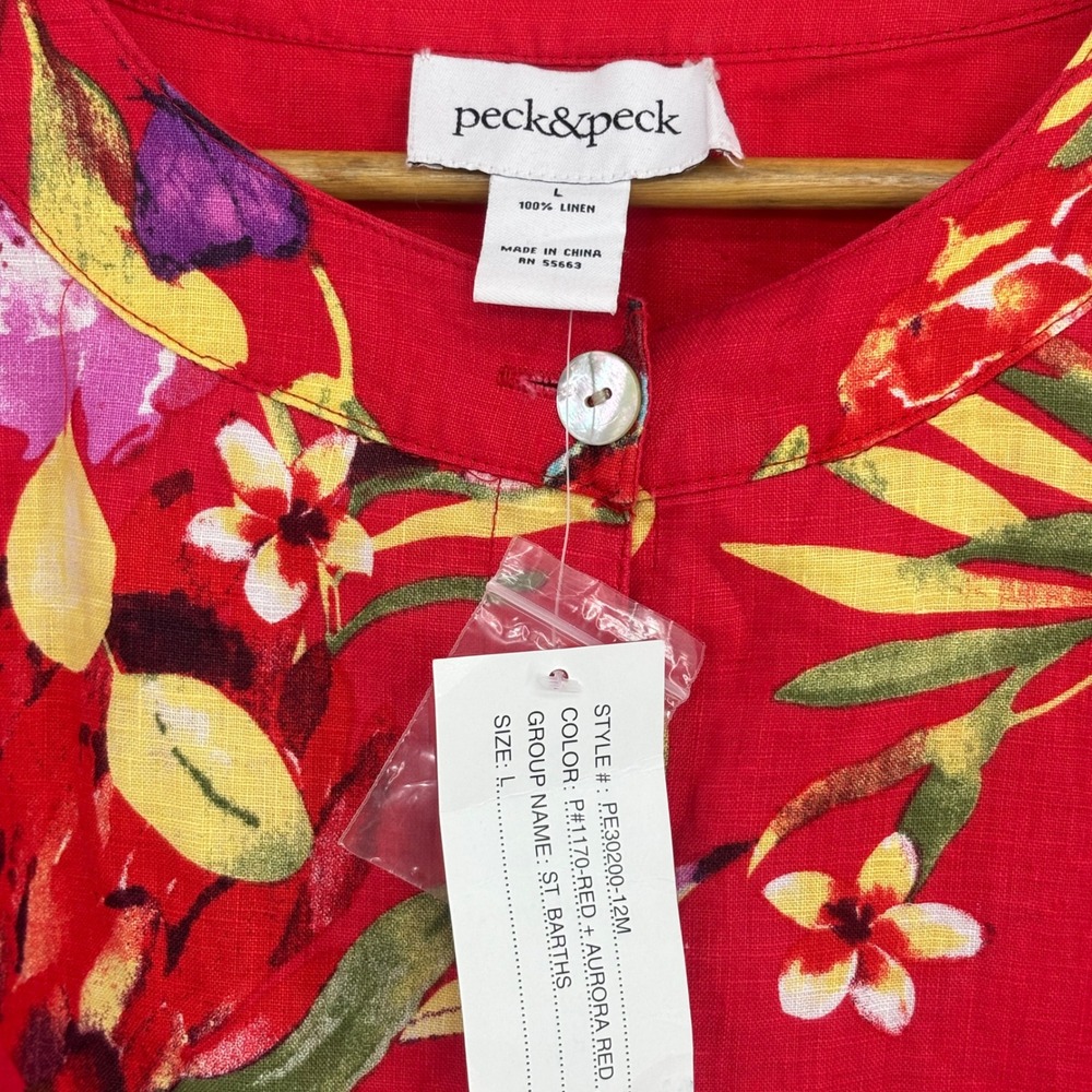 NWT Peck & Peck Reversible 100% Linen Jacket Red Floral Tropical Size L Boxy - Picture 8 of 11